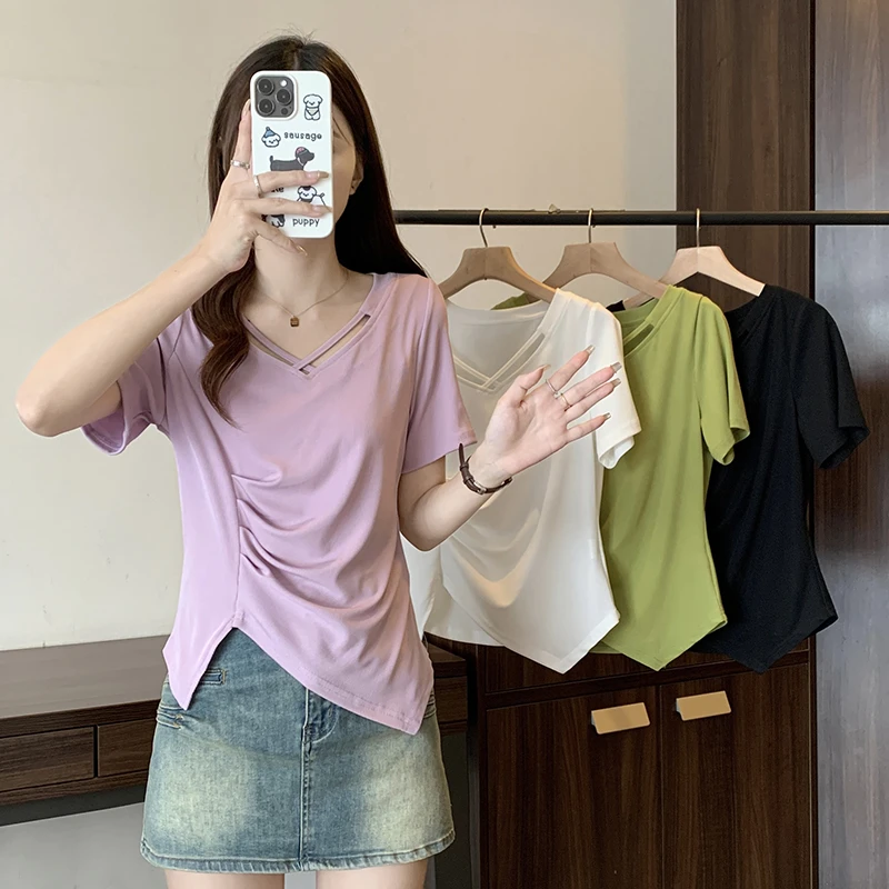 Q夏装新款胖mm大码女法式小众设计感v领褶皱不规则短袖T恤A0280