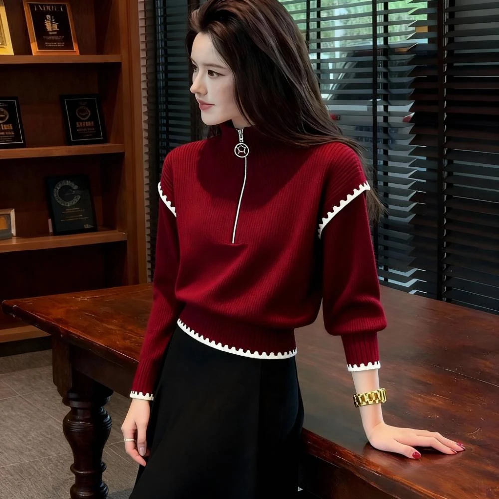 老钱风红色氛围感时髦减龄百搭针织衫女圣诞独特气质穿搭立领上衣