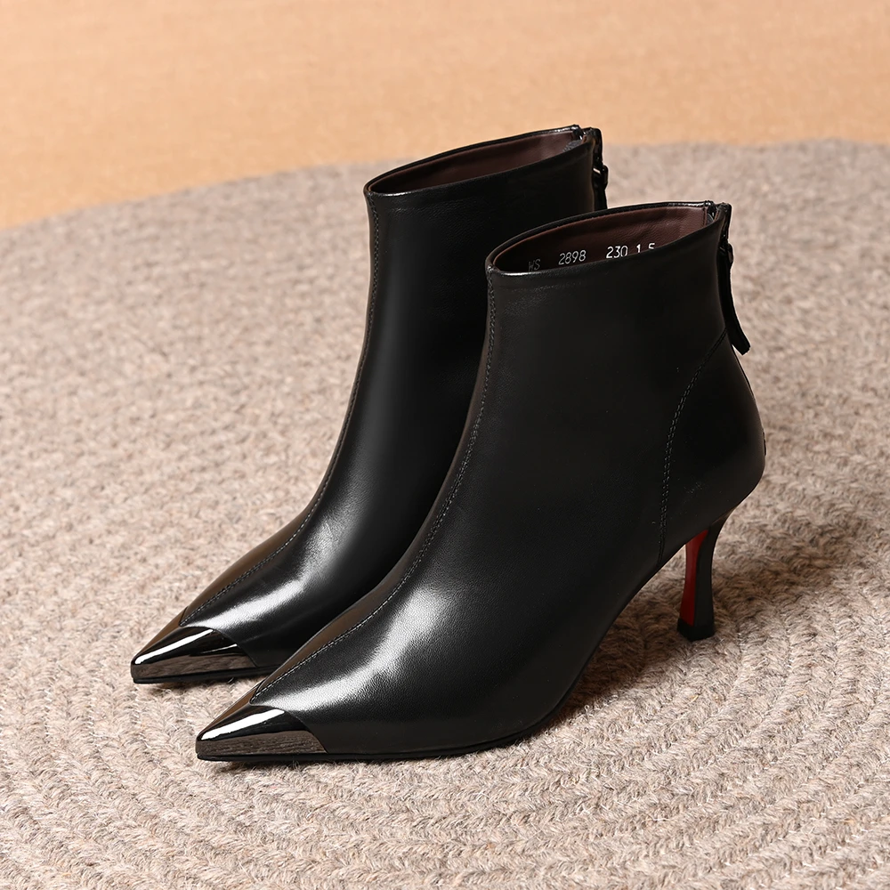 法式金属尖头细跟高跟短靴2025秋冬新款通勤百搭后拉链气质瘦瘦靴