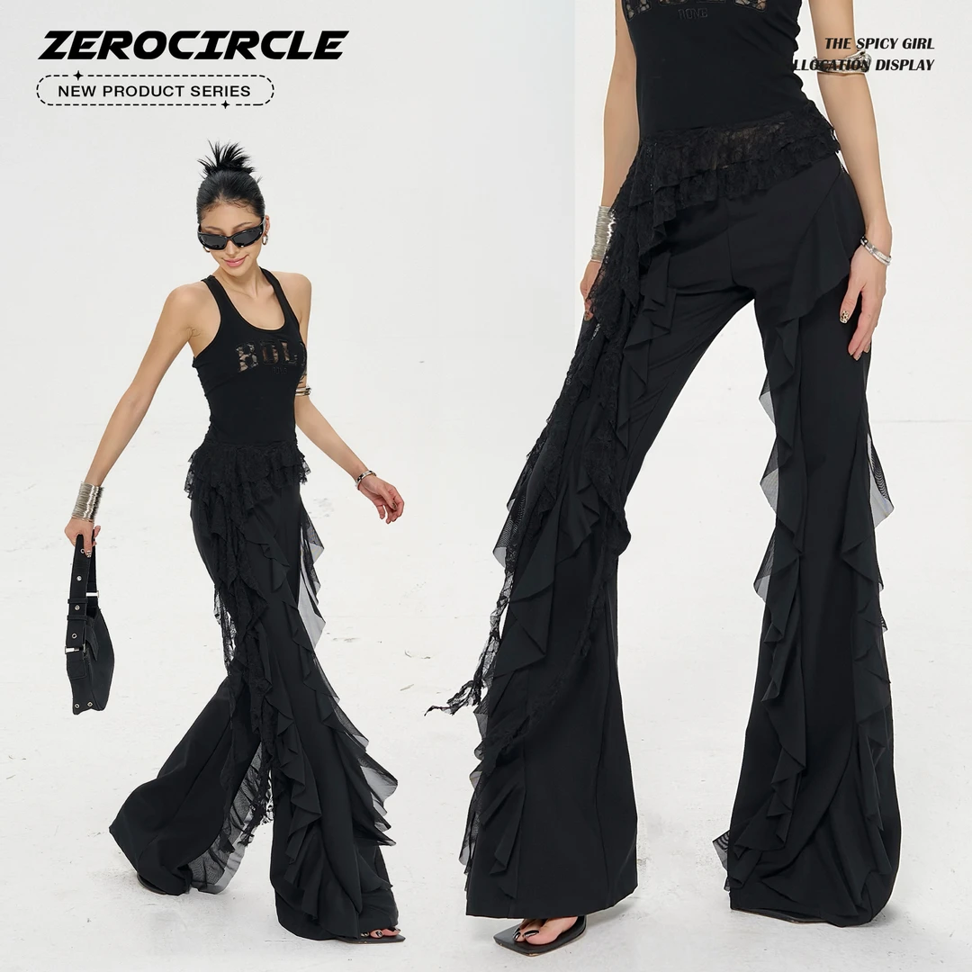 野生zerocircle黑色微喇叭裤女夏季新款修身显瘦小众辣妹低腰裤子