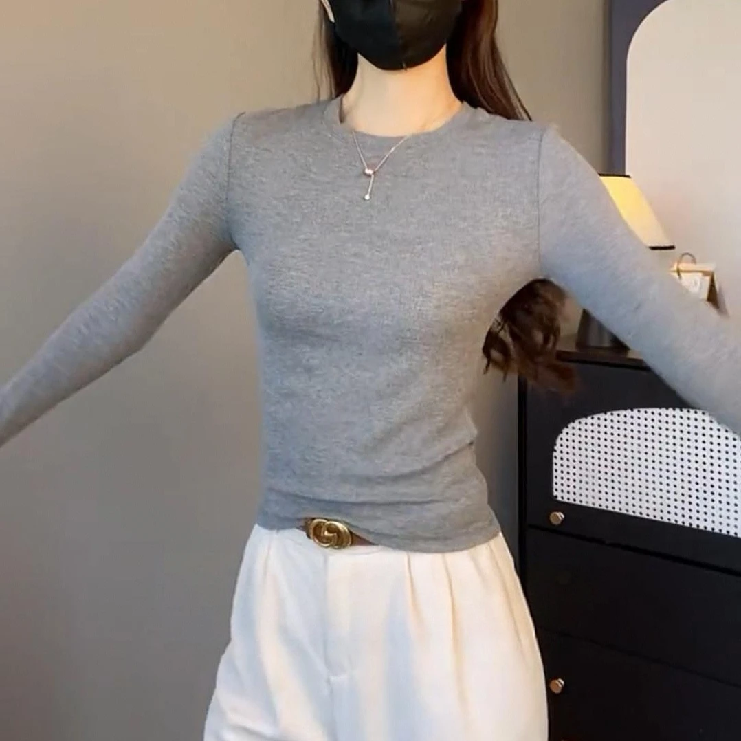 老钱风螺纹小圆领长袖t恤女春秋新款内搭修身打底衫正肩显瘦上衣