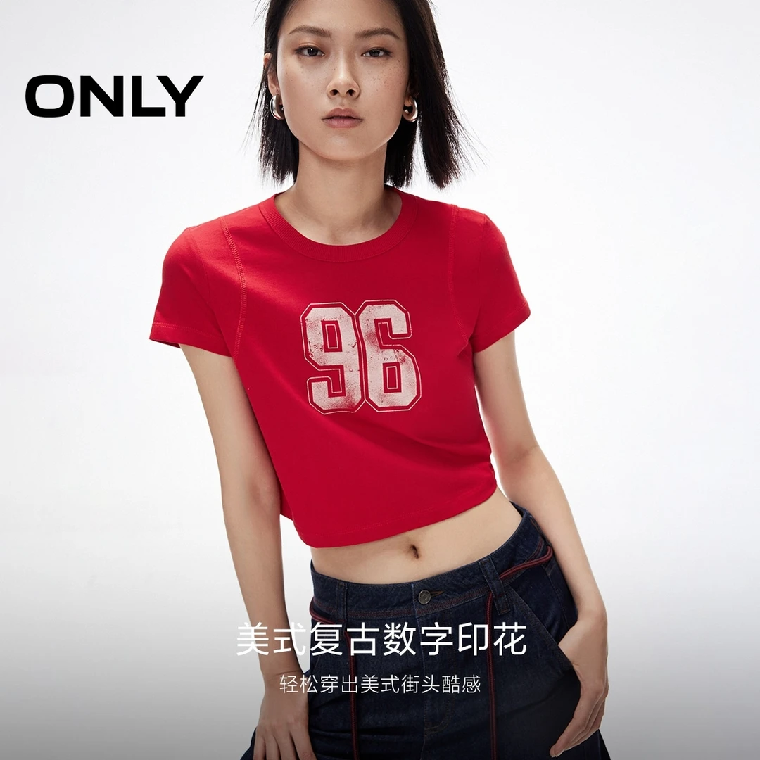ONLY2025春季新款数字印花纯棉正肩圆领箱型短款T恤女|125101136