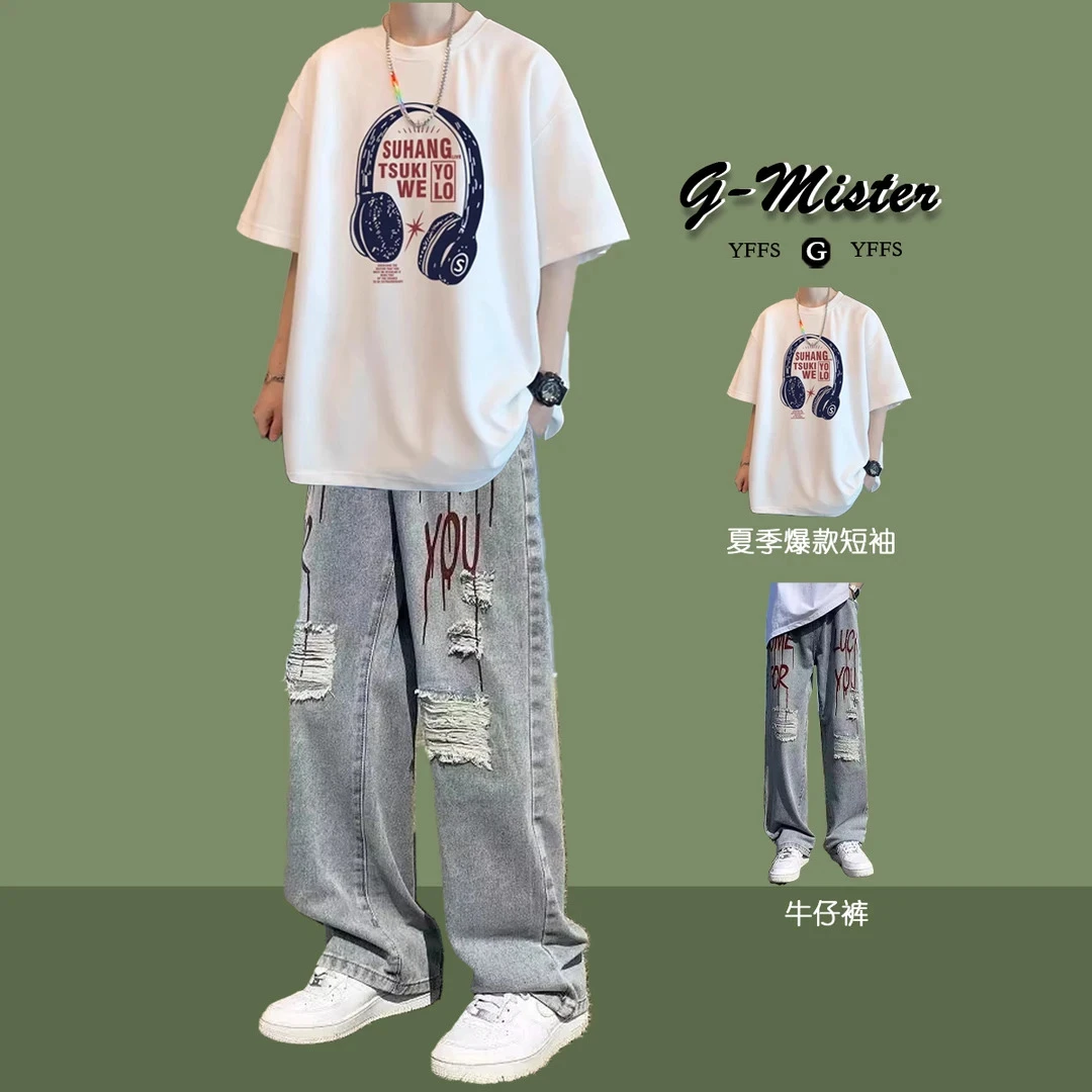 重磅纯棉短袖t恤男套装夏季宽松休闲美式复古小众ins潮流潮牌半袖