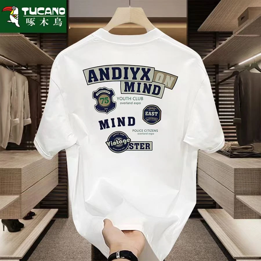 啄木鸟夏季新款纯棉短袖t恤男女潮流宽松圆领百搭印花全棉半袖ins