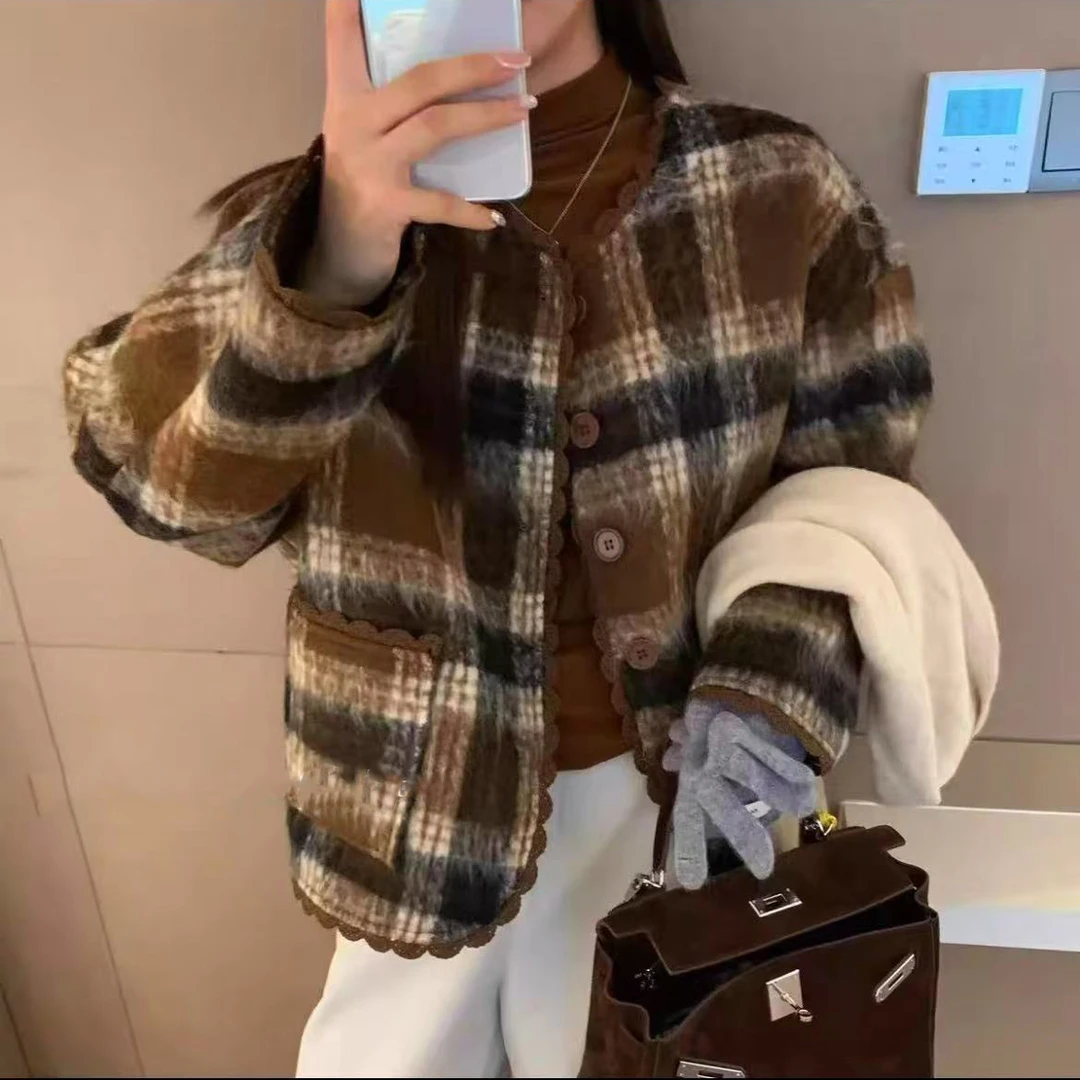 秋冬新品！女士秋冬季时尚花边圆领格子毛呢外套E707