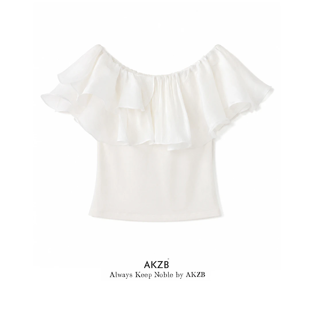 AKZB-2147“珠光宝气”纯欲风一字肩荷叶边 珠光雪纺拼针织短款小衫