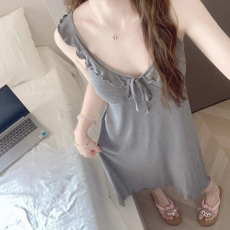 纯欲风花边背心睡裙带胸垫睡衣女夏季2025新款莫代尔中长款家居服