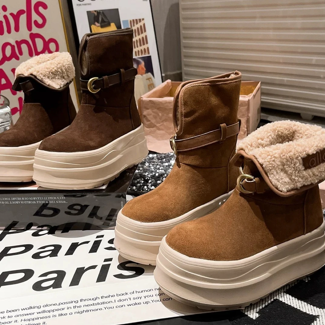 欧货冬季新款真皮翻领两穿毛毛鞋厚底松糕加绒雪地棉靴短筒靴女鞋