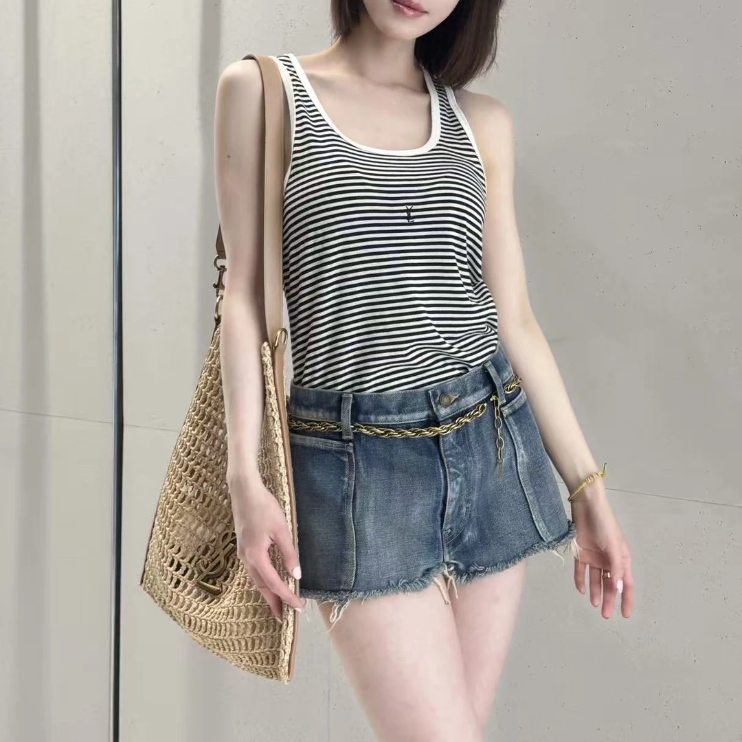 99新 YSL/圣罗兰  cc060/25ss条纹Logo刺绣无袖背心 s码 棉