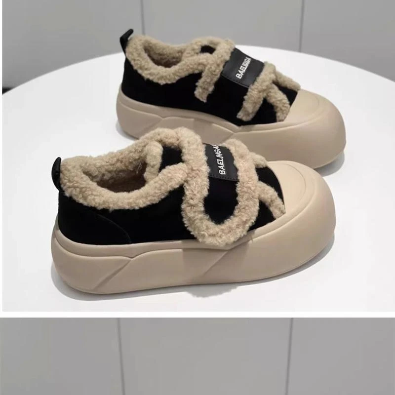 松糕底魔术贴棉鞋女冬加绒加厚2025冬季新款一脚蹬乐福鞋面包鞋潮