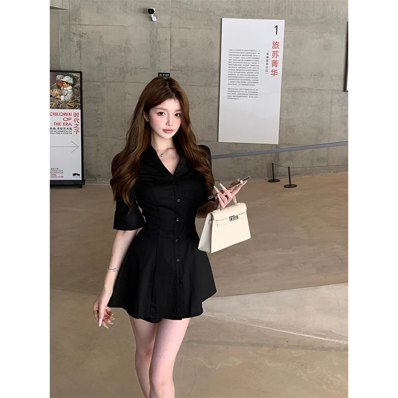 2025早秋气质修身中袖衬衫连衣裙A字裙设计感短款显瘦裤子两件套
