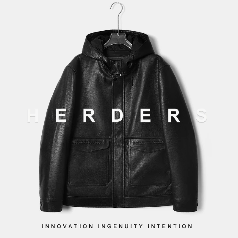 HERDERS  短款连帽拉链款高领男士皮衣 255713