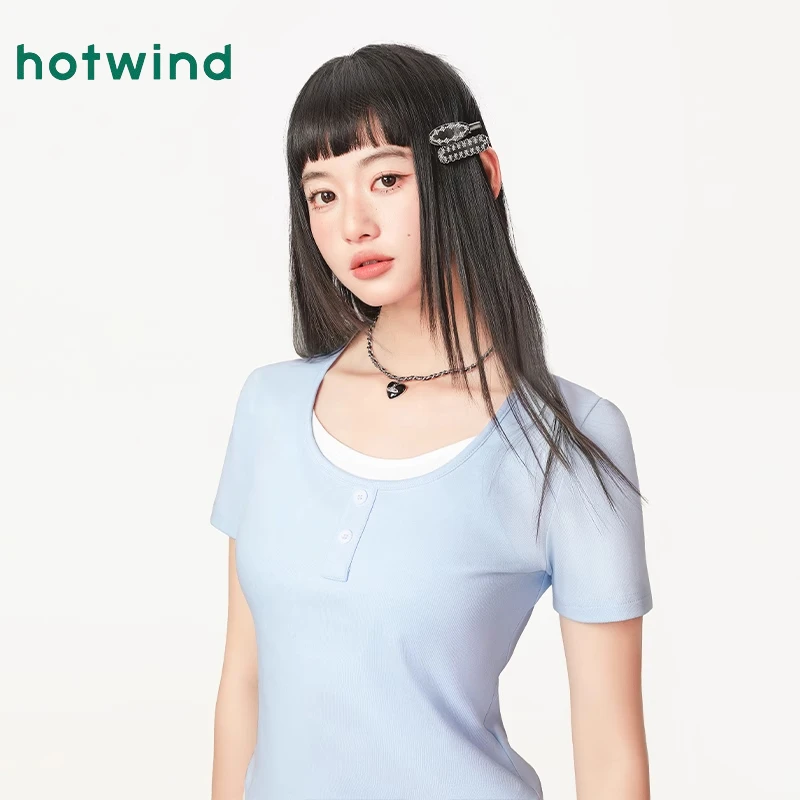Hotwind/热风假两件t恤女蓝色针织百搭miu系短袖夏季修身圆领上衣