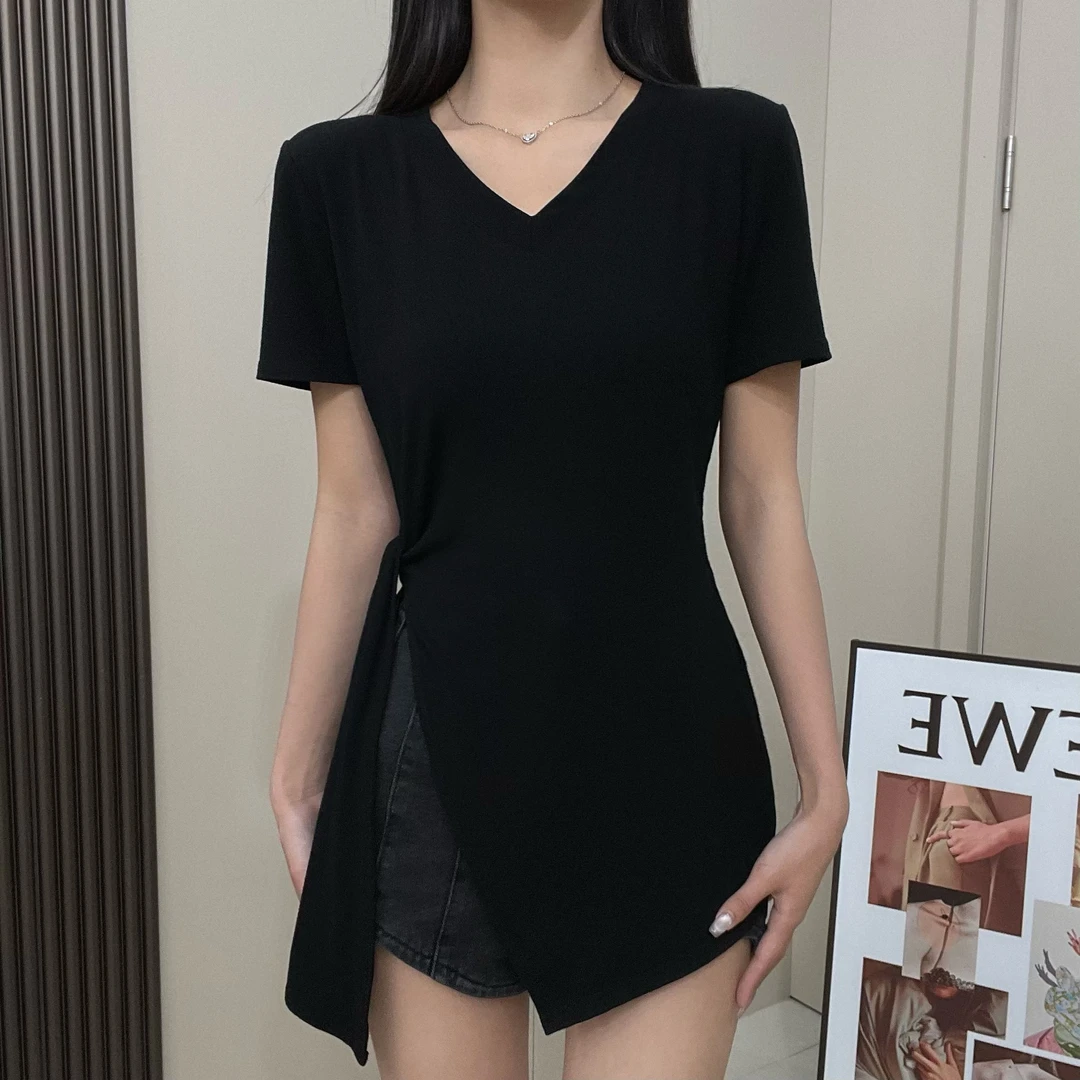 【现货】不规则侧开叉绑带收腰修身纯色百搭圆领V领短袖显瘦长T