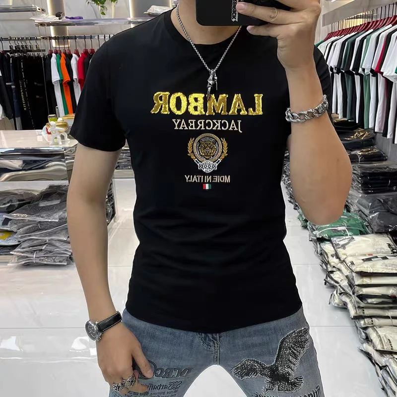 广州高档轻奢短袖T恤爆款圆领夏季新款烫钻半袖男士潮流男装t恤