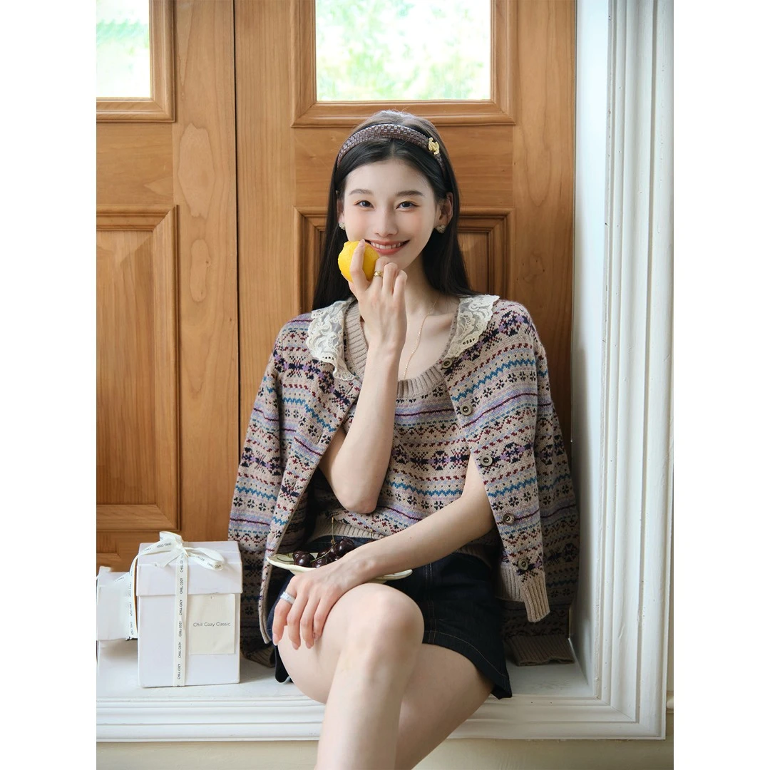 且可ChillCozy 西厢尽 费尔岛全羊毛提花针织开衫两件套