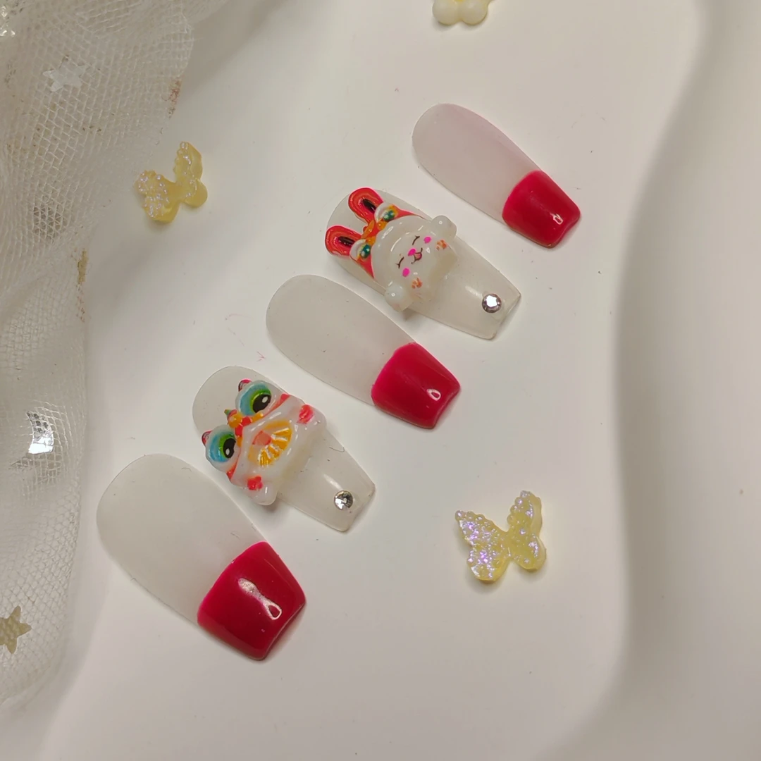 纯手工烫金醒狮开运穿戴甲可拆卸假指甲时尚百搭