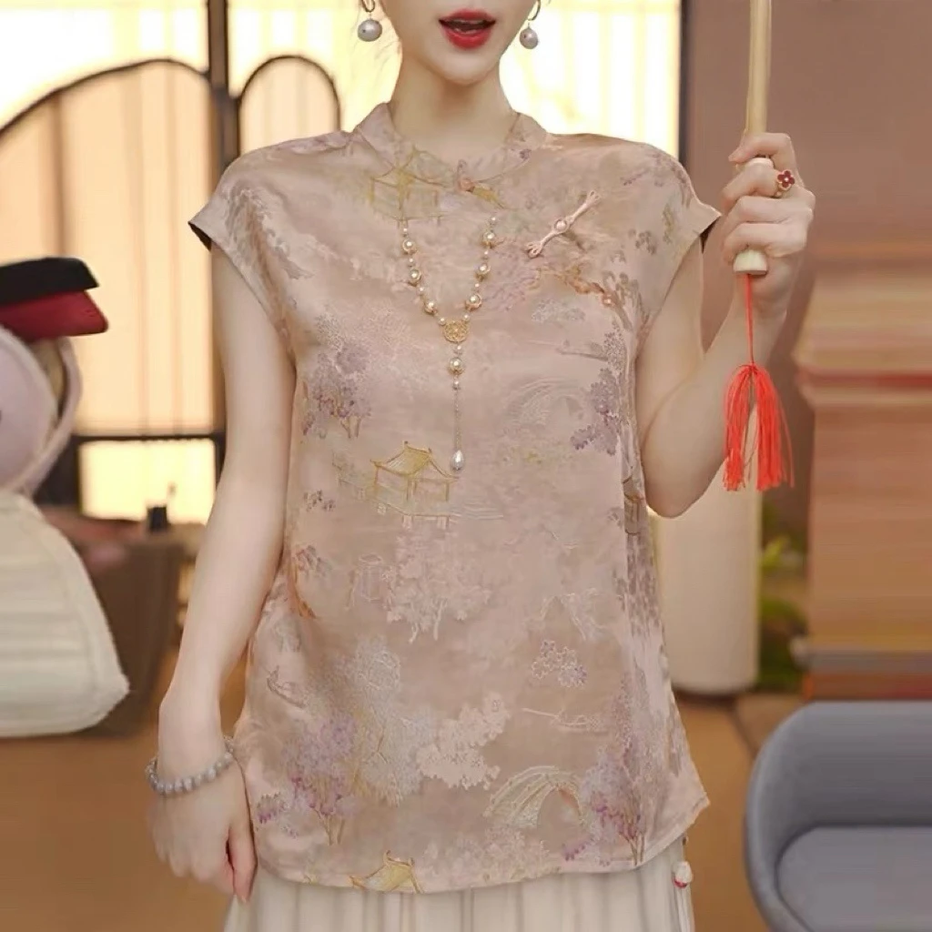 【亭台楼阁】680新中式优雅高定宽松夏季小飞袖衬衣