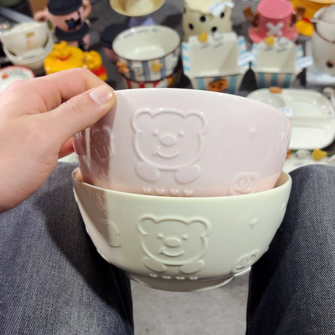 白瓷两只七寸浮雕小熊大面碗