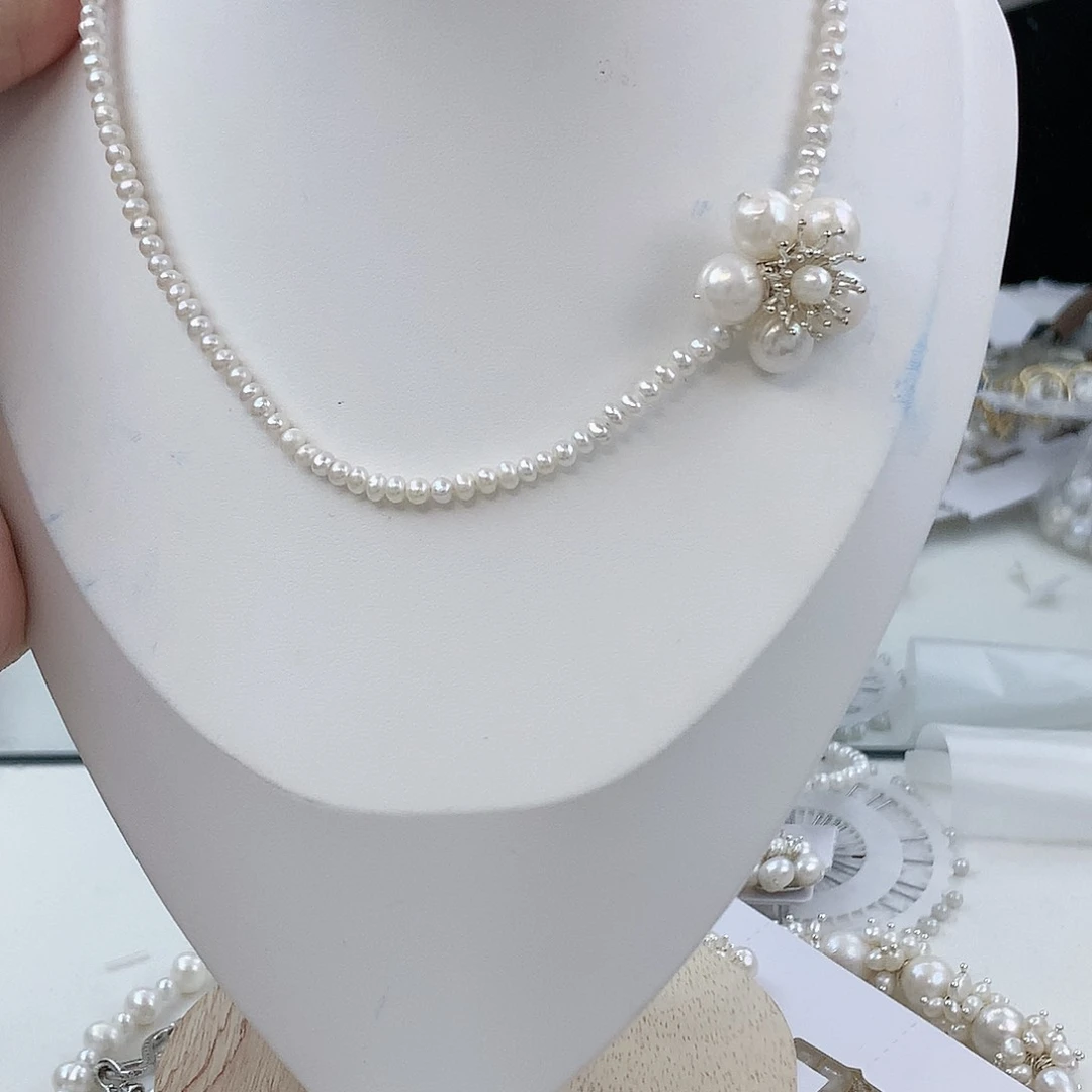 银S925镶嵌耳饰淡水珍珠白花项链