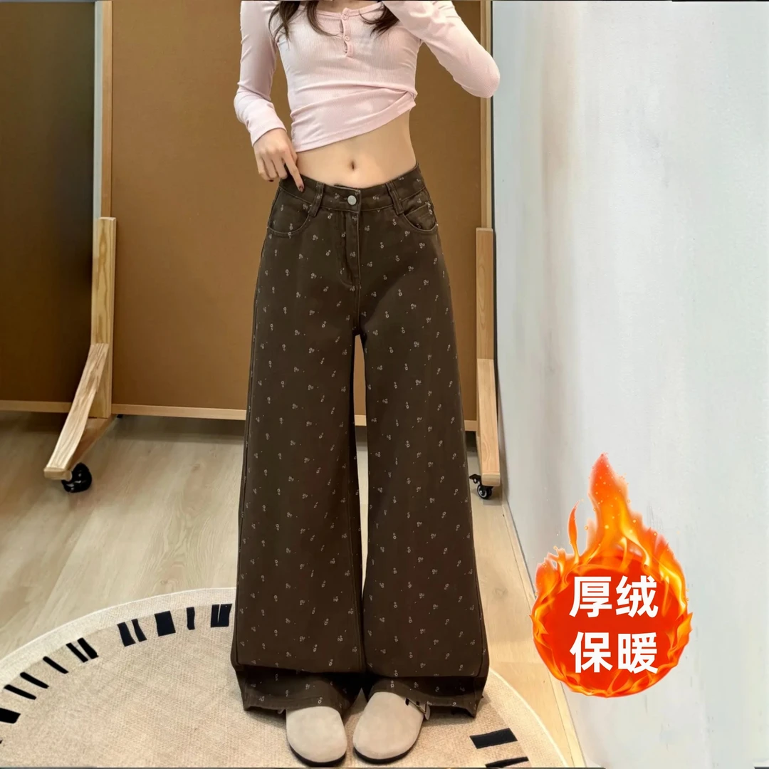 美拉德复古碎花加绒阔腿牛仔裤女2026秋冬爆款高腰显瘦宽松直筒裤