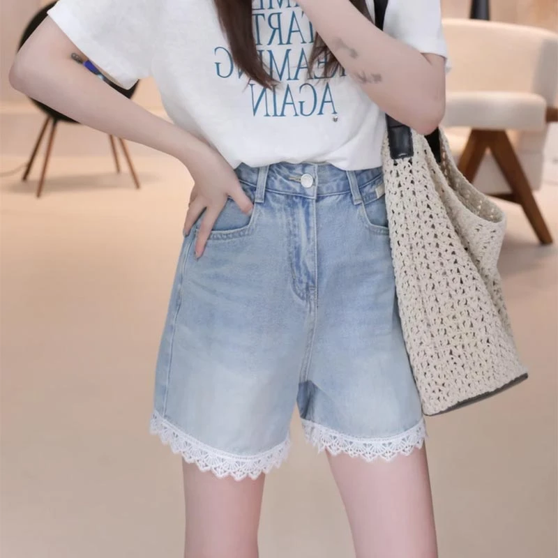 2025夏季新款高腰小众百搭休闲短裤显瘦设计感蕾丝花边牛仔短裤女