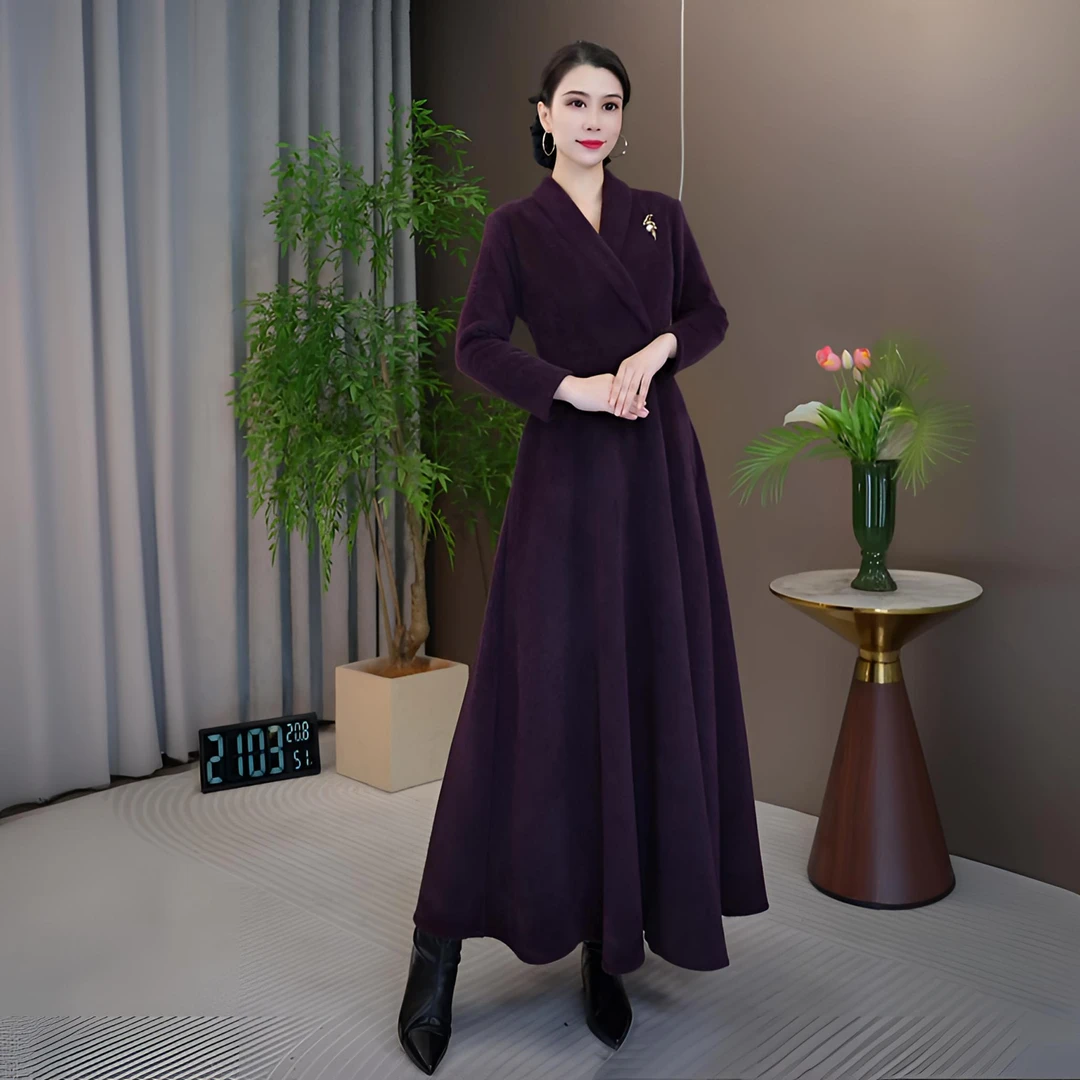 香衣丽华204-403冬季新长袖V领雪绒呢长款过膝大摆连衣裙修身显瘦