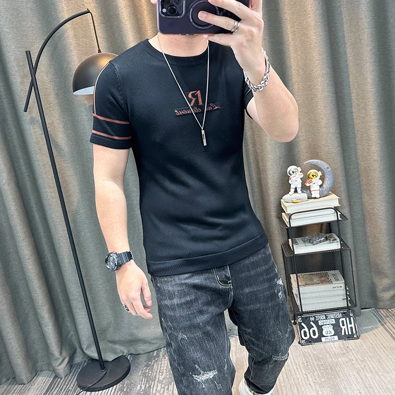 WEBUNSAPET维比萨玻短袖毛衣男士春秋新款修身半袖圆领体恤衫