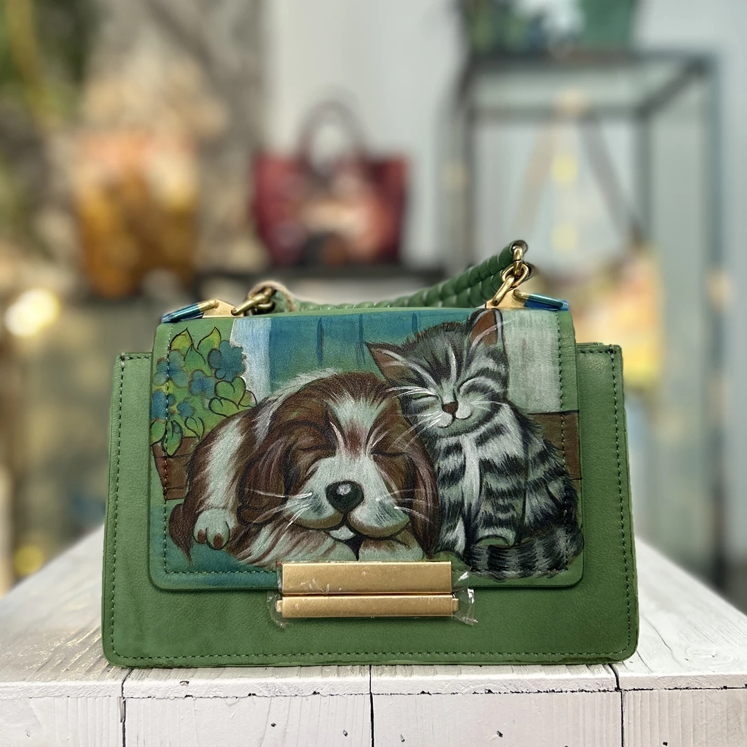 原创手绘真皮女包休闲斜挎包单肩包慵懒风通勤女包软皮包【01008】