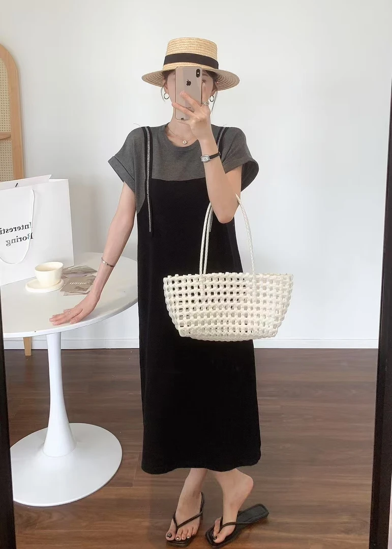 (801-925）2025夏季时尚百搭拼接显瘦宽松休闲韩版轻奢针织连衣裙