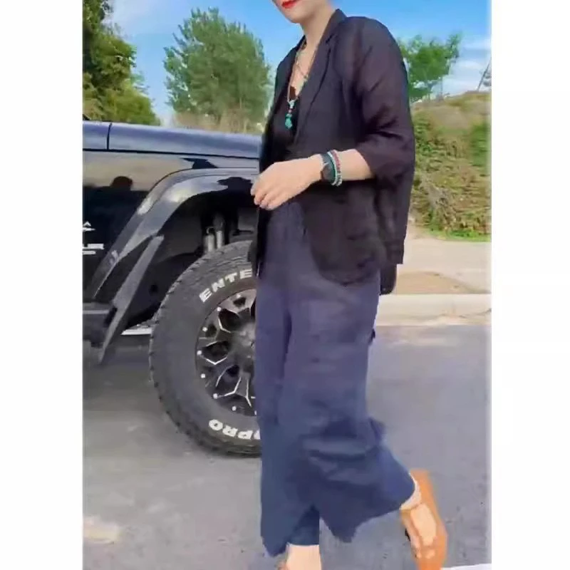 新款简约时尚纯色外套高腰直筒裤女装