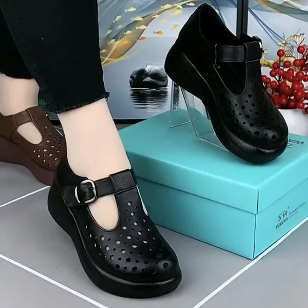 【撤柜】真软皮春新款厚底休闲舒适透气镂空单鞋女圆头软底洞洞鞋