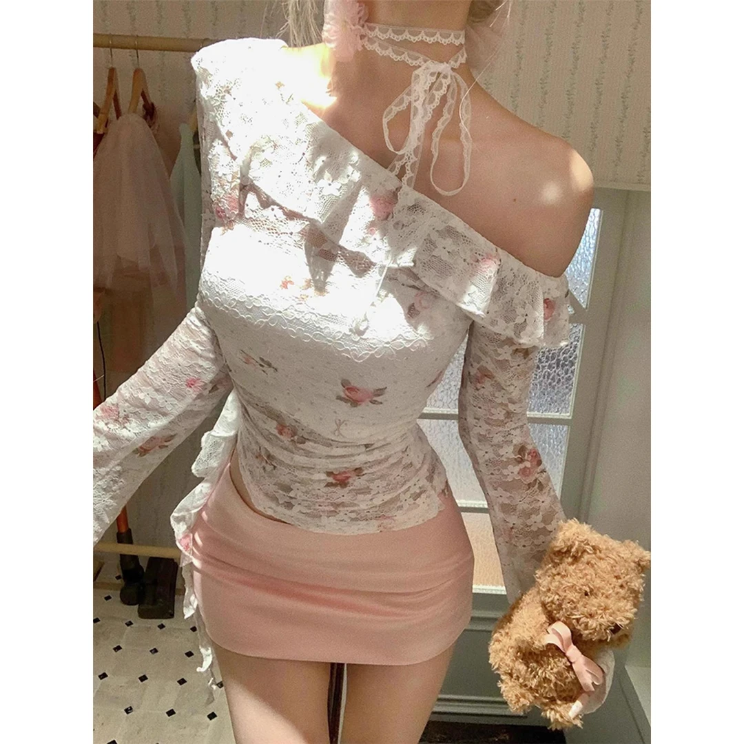 2025早春新款法式玫瑰斜肩荷叶边印花蕾丝上衣修身显瘦长袖T恤潮