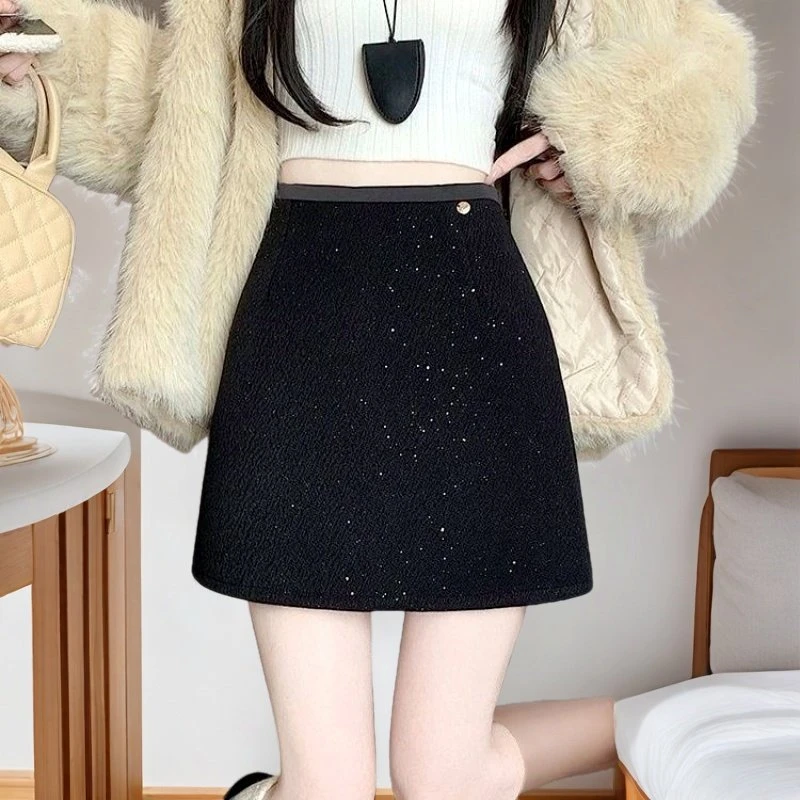 ： A型显瘦毛呢亮闪闪冬日繁星小香风半身裙新款女秋冬高腰百搭