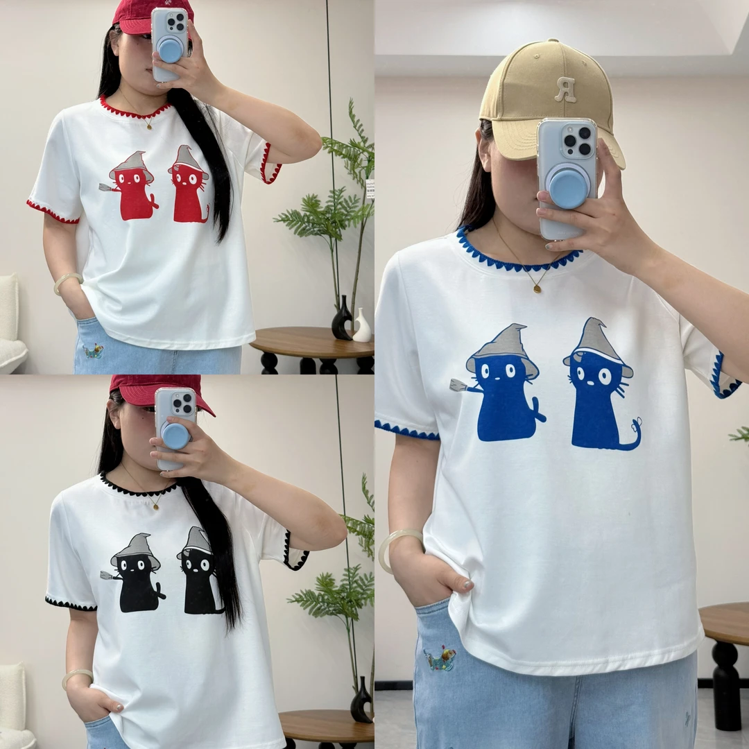 【盐盐】大码女装撞色领口宽松休闲巫师小猫设计T恤短袖上衣  6178