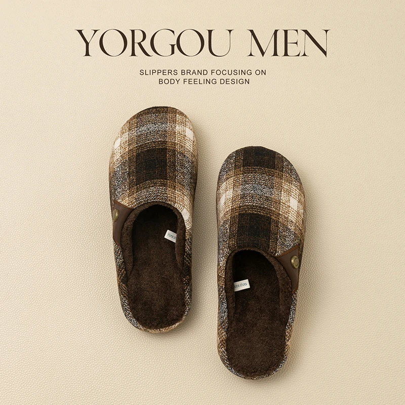远港新款格子呢棉拖鞋秋冬季女居家用加绒保暖男室内地板防滑厚底