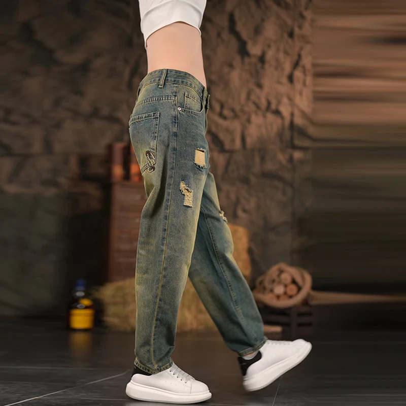 2025新款破洞男士九分牛仔裤微宽松直筒复古无弹休闲牛仔九分裤