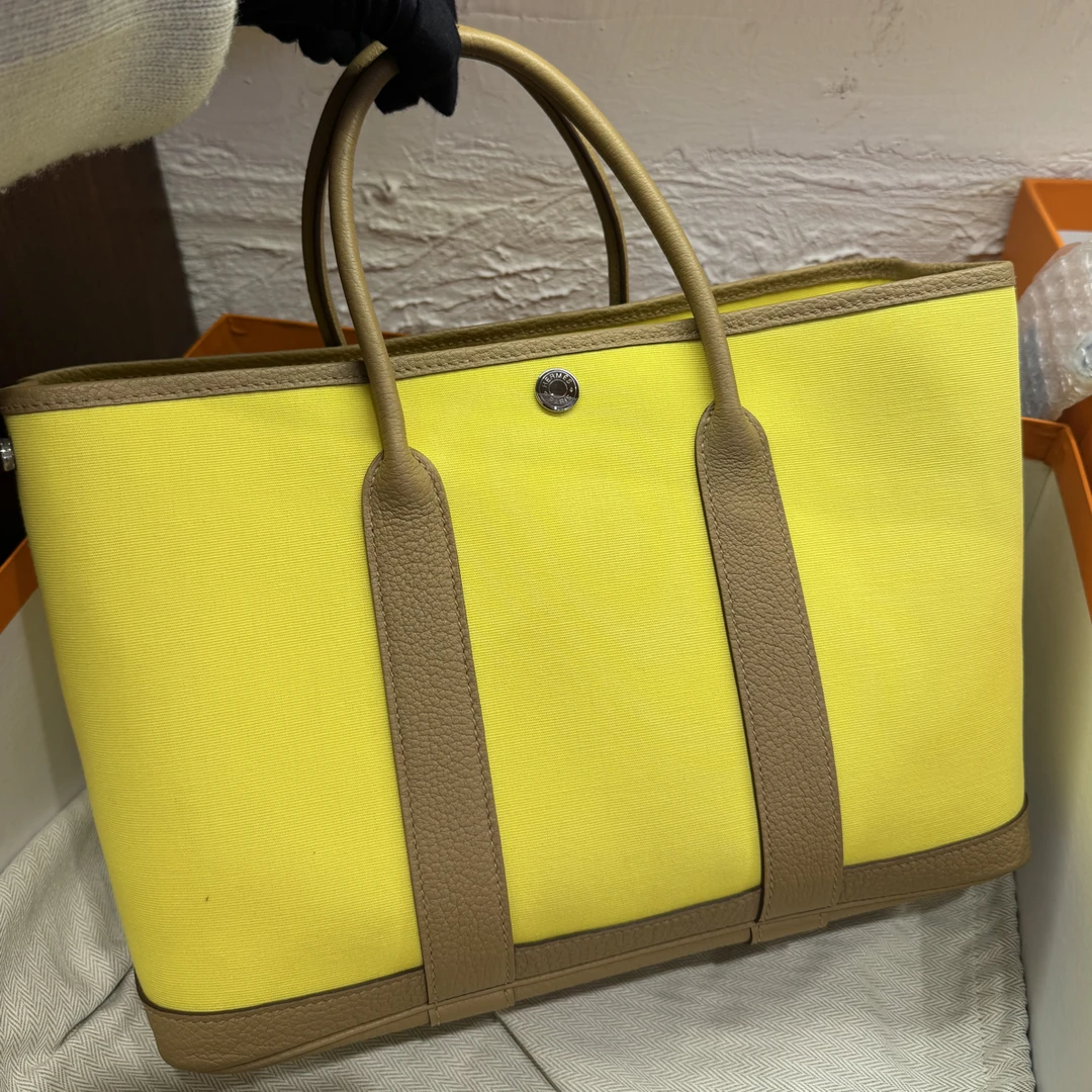 95新 Hermes/爱马仕 夏七中古/帆布拼皮花园单肩b刻