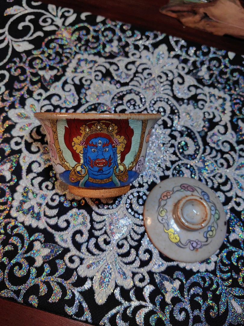 黑财神盖碗 景德镇匣钵土志野柴烧纯手绘釉上彩