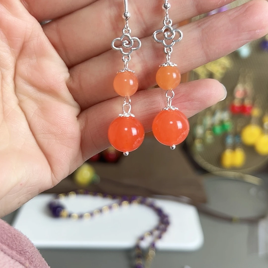 银S925镶嵌耳钉玛瑙/玉髓红色