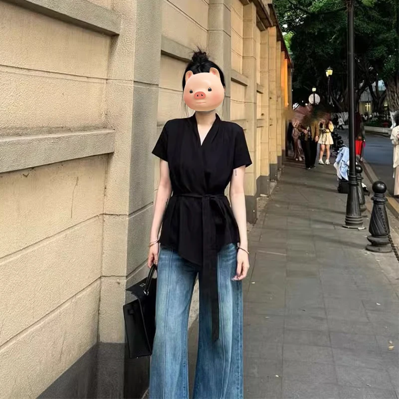 法式不规则黑色正肩针织短袖T恤女夏季收腰绑带独特漂亮掐腰上衣