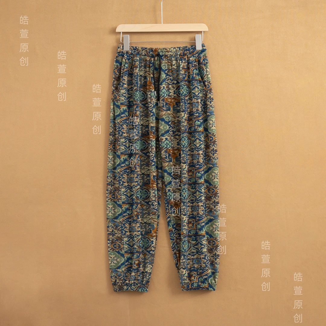 2025夏季新款松紧腰休闲复古碎花印花高腰宽松松紧防蚊九分抖抖裤