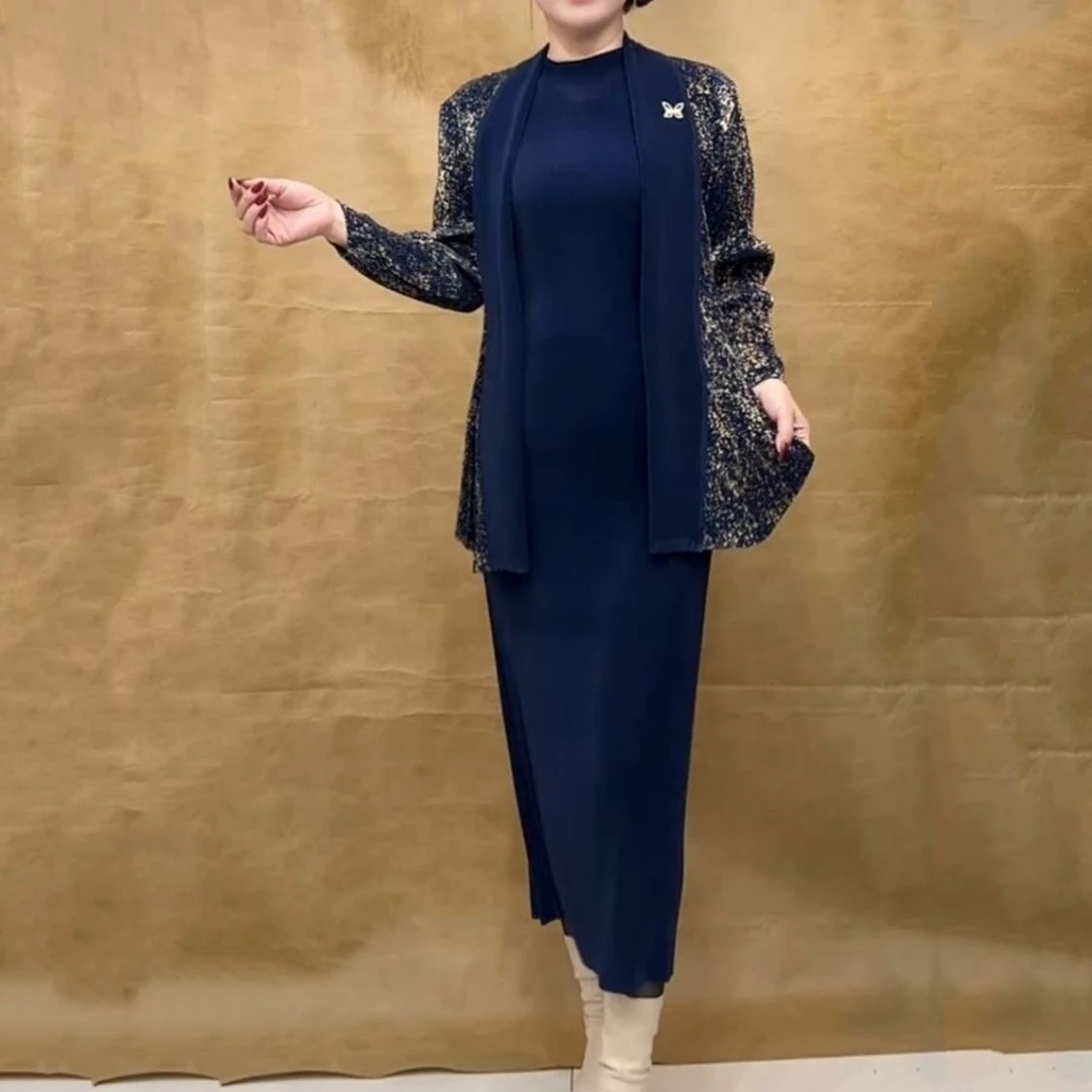 高贵洋气妈妈褶皱连衣裙两件套大码显瘦长袖外搭