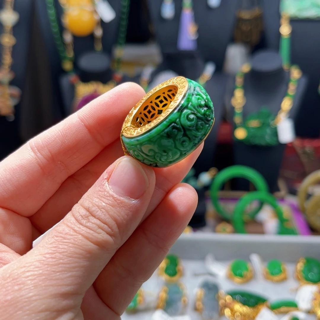 【闪购商品】翡翠戒指银S925镀金镶嵌 17圈