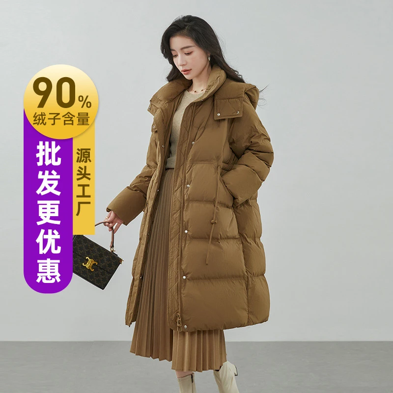 极寒大码羽绒服女2025冬季新款连帽过膝长款加厚收腰百搭外套平湖
