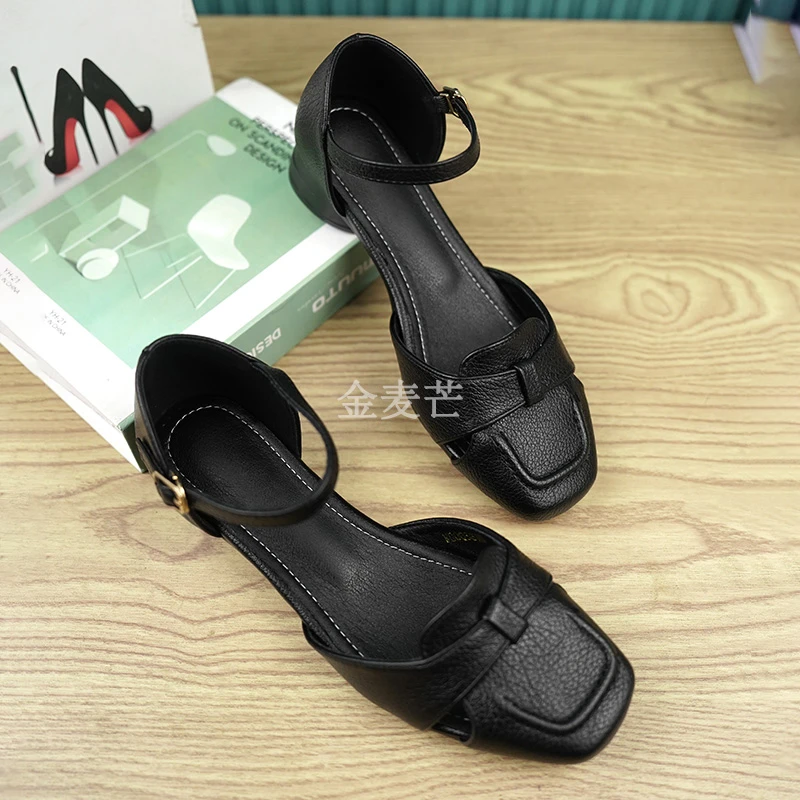 3cm/羊皮/法式简约时尚夏季新款包头凉鞋女粗跟百搭女鞋