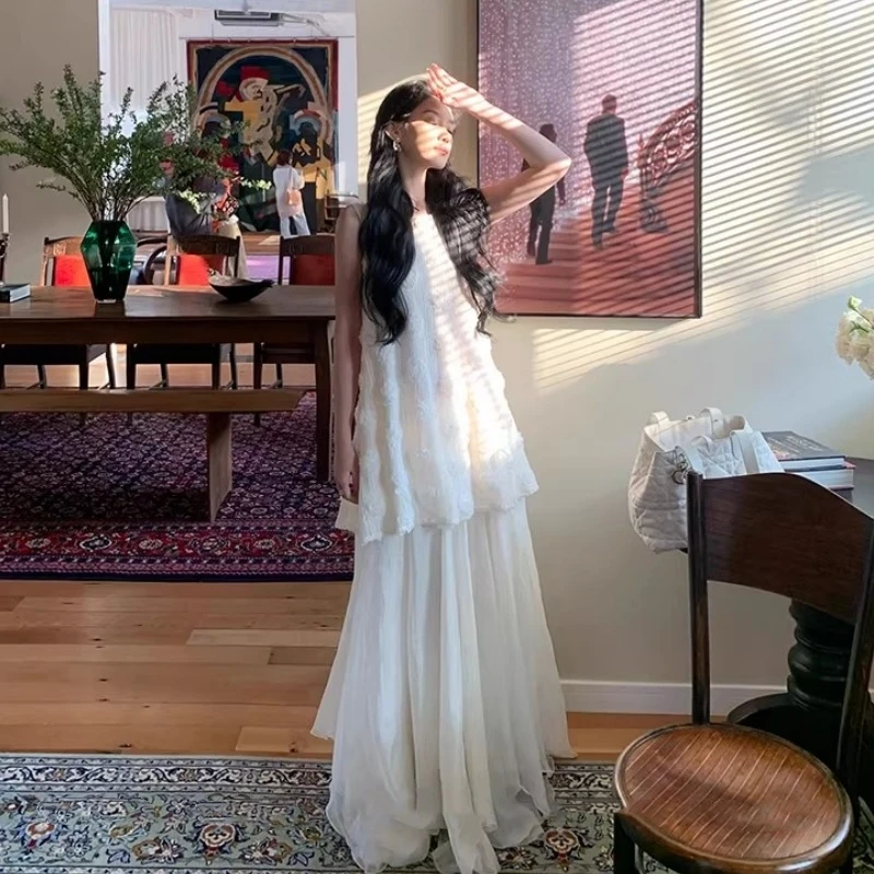 夏季搭配一整套氛围感女神气质时尚白色花朵背心半身裙两件套装女