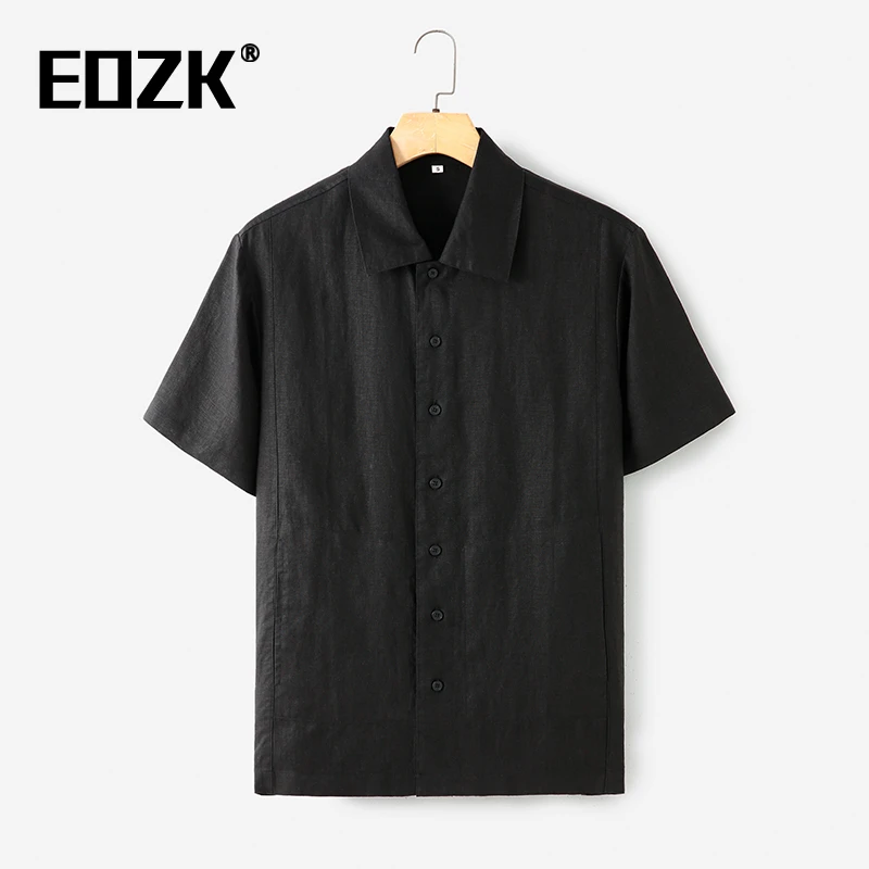Eozk夏季100%亚麻短袖衬衫男宽松休闲中国风半袖衣中青年麻料衬衣