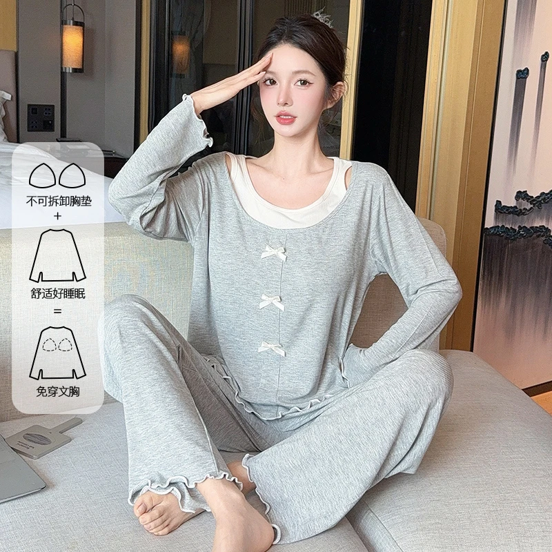 睡衣大码女款2025年新款带胸垫可外穿家居服长袖春秋季出门款套装