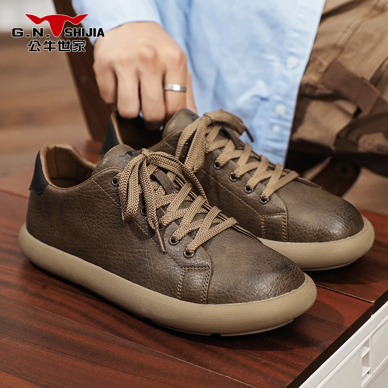 公牛世家男鞋秋季圆头休闲皮鞋男2025新款轻便高级感德训复古板鞋